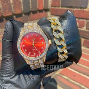 Gold Plated Iced Bling Out Lux Unisex Men Women Red Dial Watch, Cuban Bracelet
